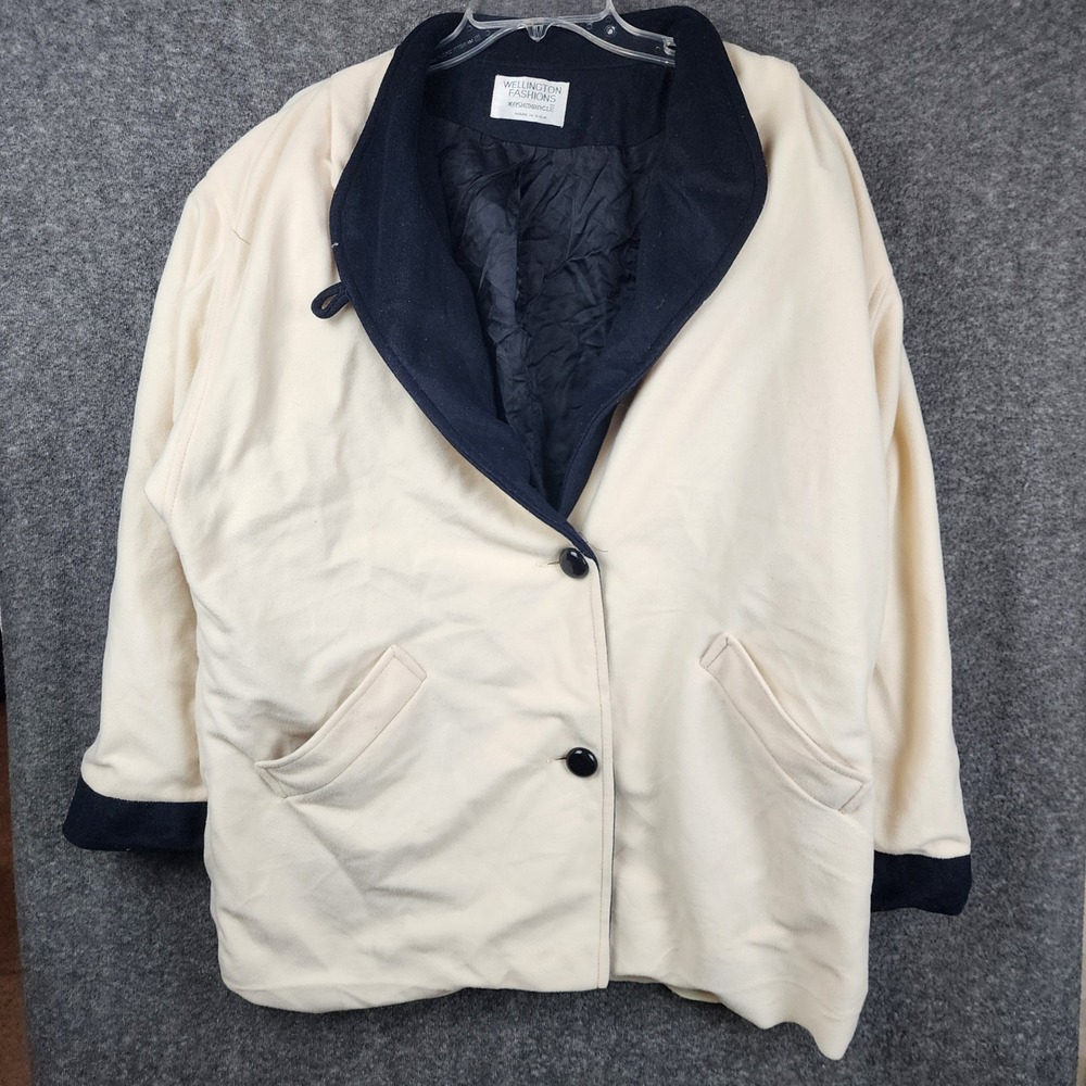 Wellington Fashions Kashmiracle‎ Coat Womens L Cream Navy Shawl Collar Vintage
